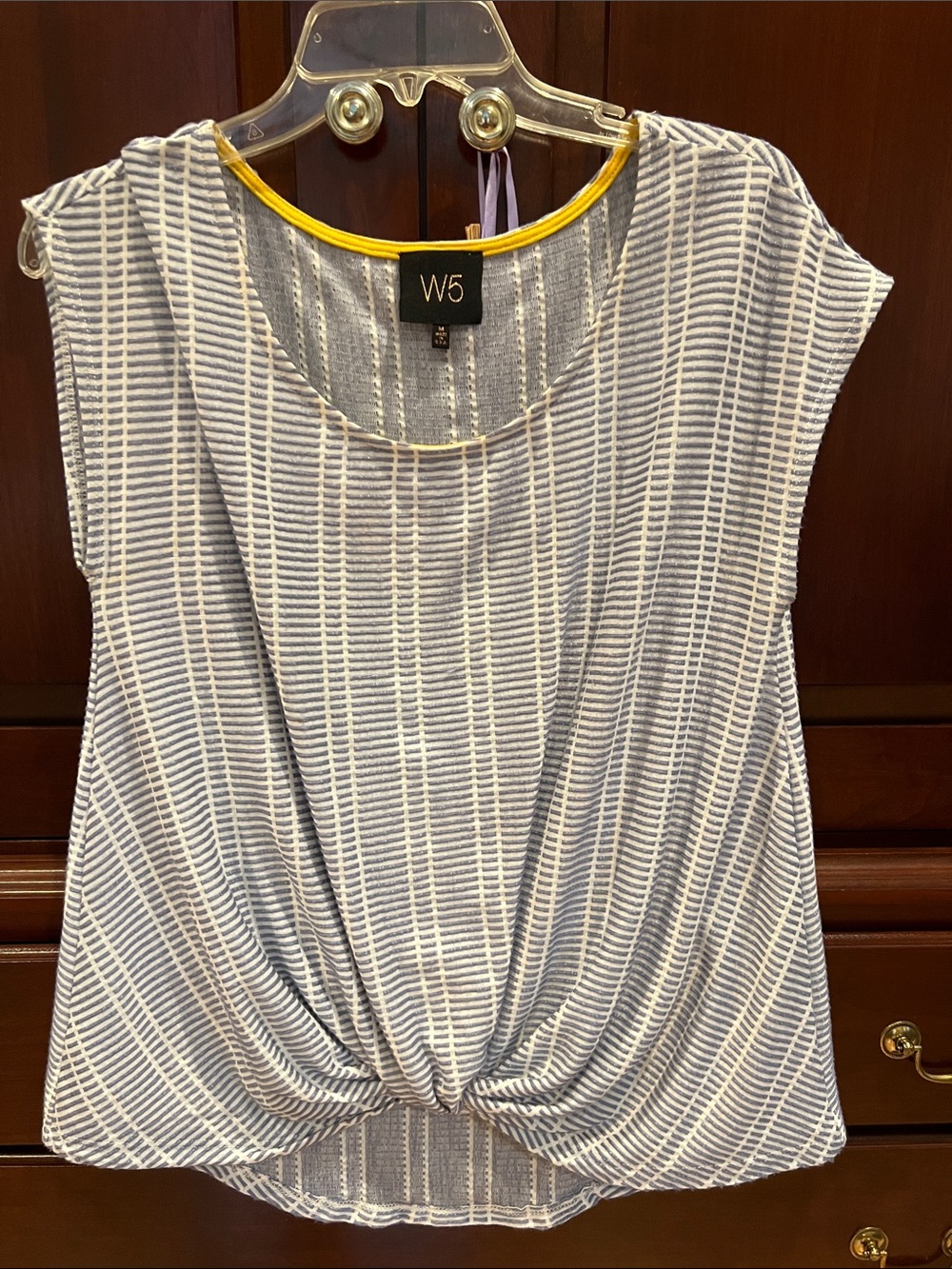 W5 Knot-Front Sleeveless Tank in Blue, White & Yellow Trim